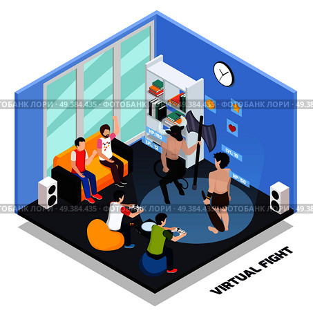 Virtual fight isometric composition with gaming characters, gamers with control panels, spectators in home interior vector illustration. Virtual Fight Gaming Isometric Composition. Стоковая иллюстрация, агентство Ingram Publishing / Фотобанк Лори