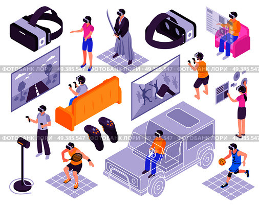 Virtual reality vr immersive experience simulators portable gadgets training activities headsets displays isometric icons collection vector illustration . Virtual Reality Isometric Set . Стоковая иллюстрация, агентство Ingram Publishing / Фотобанк Лори