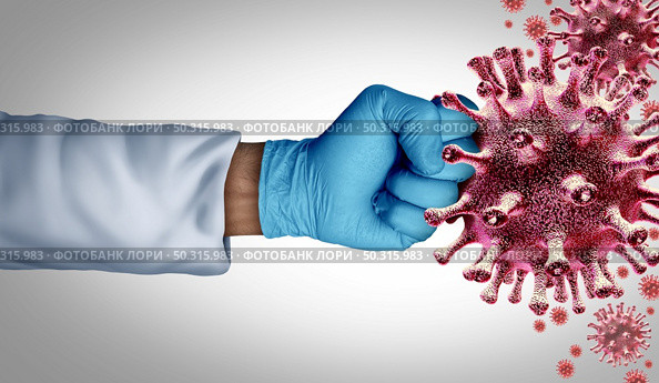 Virus vaccine fight and support for flu or coronavirus medical disease control as a doctor with a surgical glove fighting a group of contagious pathogen cells as a health care metaphor for researching a cure with 3D illustration elements. Стоковое фото, агентство Ingram Publishing / Фотобанк Лори