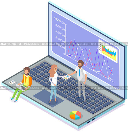 Visualize with business analytics. People work with statistical data analysis, changing indicators. Employees analyze statistical indicators, business data. Characters work with marketing research. Employees analyze statistical indicators, business data. Characters work with marketing research. Стоковая иллюстрация, агентство Ingram Publishing / Фотобанк Лори