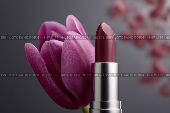 Vivid Magenta Tulip with Deep Plum Lipstick, Macro of Blooming Petals Cradling Matte Cosmetic, Velvet Textures in Soft Backlight. Яркий пурпурный тюльпан с помадой глубокого сливового оттенка, макрос цветущих лепестков с матовой косметикой, бархатные текстуры в мягком освещении. Стоковое AI-изображение, AI-художник Katsiaryna Repich / Фотобанк Лори