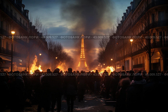 Vivid Paris demonstration fire. Generate Ai. Стоковое AI-изображение, AI-художник Иван Рябоконь / Фотобанк Лори
