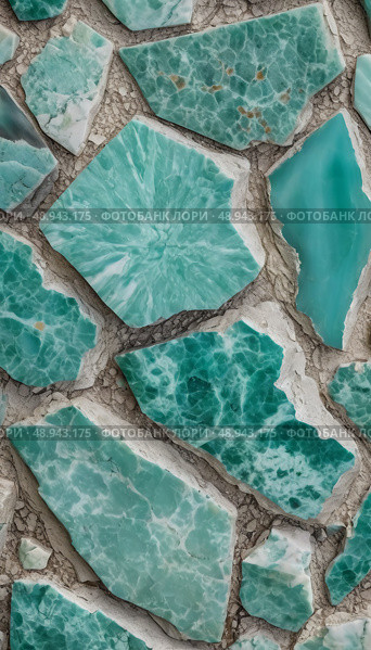 Vivid shades of teal and azure form a mesmerizing collection of amazonite stones, intricately arranged to highlight their unique patterns and smooth surfaces under soft lighting Generative AI. Стоковое AI-изображение, AI-художник Юлия Петровская / Фотобанк Лори