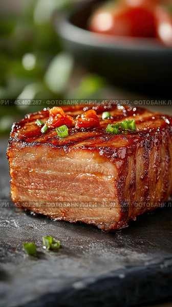 Вкусная грудинка медленного копчения: толстый ломтик с поджаренной корочкой для кулинарного гурманства. Стоковое AI-изображение, AI-художник ФотоИнтеллект / Фотобанк Лори