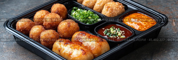 Вкусная японская уличная еда в плоской лепешке с такояки и острыми соусами для макания. Стоковое AI-изображение, AI-художник ФотоИнтеллект / Фотобанк Лори