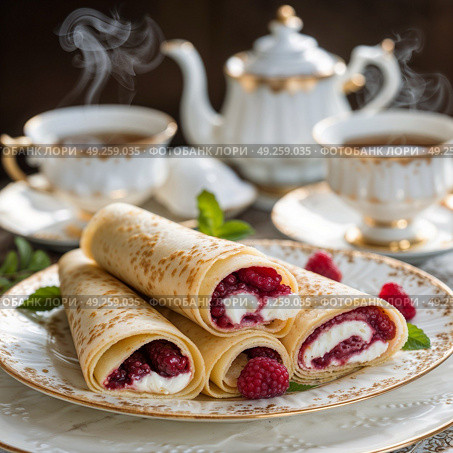 Вкусные блинчики с малиной, поданные с чаем в элегантных чашках, демонстрирующие уютный обеденный опыт. Стоковое AI-изображение, AI-художник Наталья Харинова / Фотобанк Лори