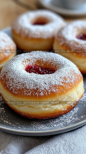 Вкусные свежеиспеченные берлинские пончики с сахарной пудрой и начинкой из джема. Стоковое AI-изображение, AI-художник ФотоИнтеллект / Фотобанк Лори