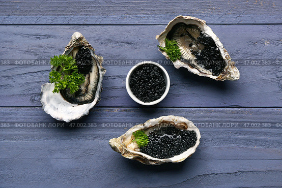 Вкусные устрицы с черной икрой на синем деревянном фоне. Стоковое фото, фотограф Pixel_shot / Фотобанк Лори