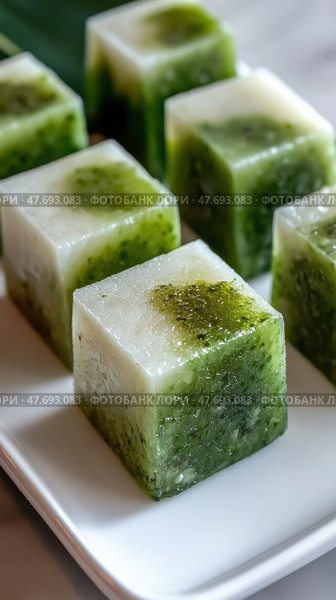 Вкусные зеленые и белые слоистые десертные кубики на белой тарелке. Стоковое AI-изображение, AI-художник ФотоИнтеллект / Фотобанк Лори