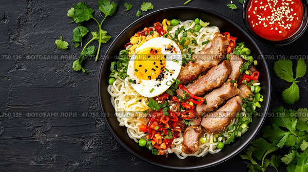 Вкусный гурманский рамен с жареной свининой и овощами на черном фоне для кулинарного маркетинга. Стоковое AI-изображение, AI-художник ФотоИнтеллект / Фотобанк Лори