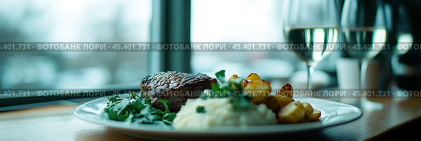 Вкусный стейк шатобриан с картофелем и зеленью возле окна с вином. Стоковое AI-изображение, AI-художник ФотоИнтеллект / Фотобанк Лори