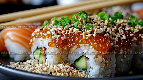 Вкусный суши-ролл с кунжутом и рыбной икрой - кулинарный крупный план. Стоковое AI-изображение, AI-художник ФотоИнтеллект / Фотобанк Лори