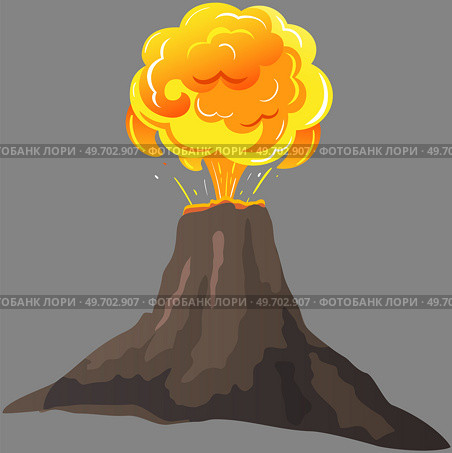 Volcanic eruption stages set. Steaming volcano, hot burning magma approach, splash and spreading of lava. Vulcanology, geology, study of seismic activity concept. Erupting rock pinnacle volcano. Volcanic eruption stages set. Steaming volcano, burning magma approach, splash and spreading of lava. Стоковая иллюстрация, агентство Ingram Publishing / Фотобанк Лори