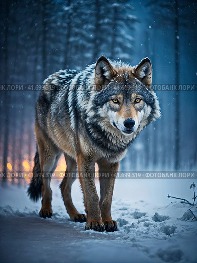 Волк зимнем лесу. Волк, или серый волк, или обыкновенный волк (лат. Canis lupus), вид хищных млекопитающих из семейства псовых (Canidae). Стоковое AI-изображение, AI-художник Сергей Елизарьев / Фотобанк Лори