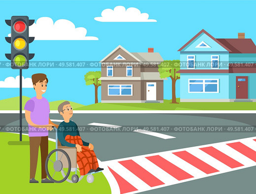 Volunteer helping granny in wheelchair unable to walk to cross street on crosswalk or pedestrian crossing. Vector person helps to old woman, charity volunteering. Volunteer Help Granny in Wheelchair Unable to Walk. Стоковая иллюстрация, агентство Ingram Publishing / Фотобанк Лори