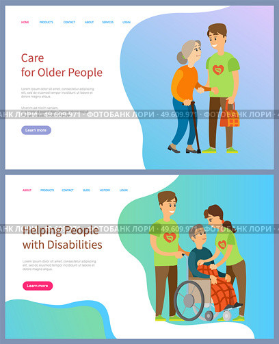Volunteering people vector, man and woman helping people with disabilities using wheelchair, elderly woman, male carrying bags of old lady. Website or slider app, landing page flat style. Care for Older People with Disabilities Volunteer. Стоковая иллюстрация, агентство Ingram Publishing / Фотобанк Лори