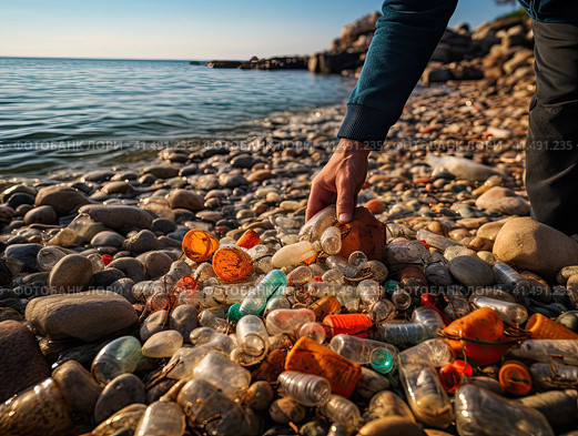Volunteers remove garbage from the shore of the reservoir. Generated by AI. Стоковое AI-изображение, AI-художник Ярославский Максим / Фотобанк Лори