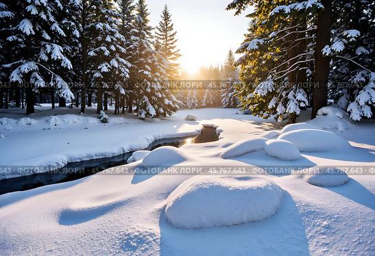 Восход солнца. Зимний пейзаж с незамерзающим ручьем. Sunrise. Winter landscape with unfrozen stream. Стоковое AI-изображение, AI-художник Гер Олег / Фотобанк Лори