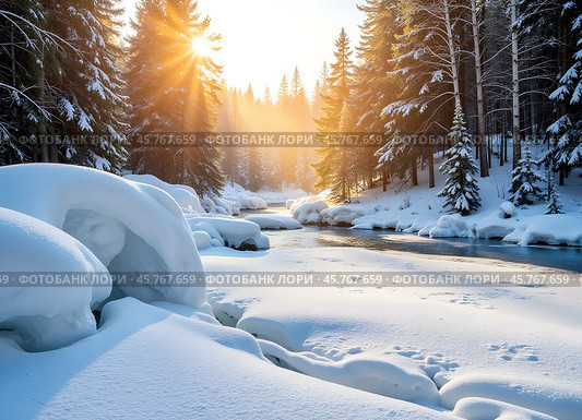 Восход солнца. Зимний пейзаж с незамерзающим ручьем. Sunrise. Winter landscape with unfrozen stream. Стоковое AI-изображение, AI-художник Гер Олег / Фотобанк Лори