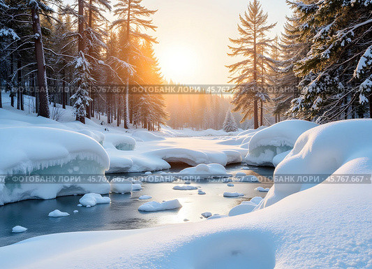 Восход солнца. Зимний пейзаж с незамерзающим ручьем. Sunrise. Winter landscape with unfrozen stream. Стоковое AI-изображение, AI-художник Гер Олег / Фотобанк Лори