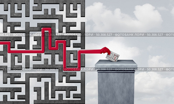 Voting challenges and election problem or voter suppression and campaign vote concept as ballots at a polling station as a maze blocking and disenfranchise a democratic right in a democracy as a 3D render elements. Стоковое фото, агентство Ingram Publishing / Фотобанк Лори