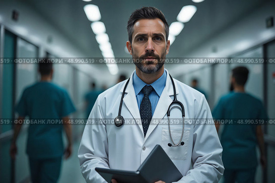 Врач с профессиональным настроем в больничном коридоре / A doctor with a professional attitude in the hospital corridor. Стоковое AI-изображение, AI-художник Валерий Лукин / Фотобанк Лори