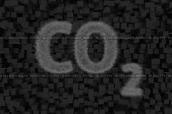 Выбросы CO2. Полупрозрачное темное облако в виде химической формулы углекислого газа на тёмном фоне, образованном чёрными кубиками. Стоковая иллюстрация, иллюстратор Олег Безруков / Фотобанк Лори