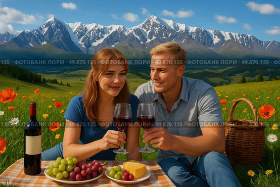 Высококачественная фотография показывает молодую пару, наслаждающуюся летним отдыхом на Алтае. Они сидят на клетчатом пледе, раскинутом на цветущем альпийском лугу, с видом на величественные снежные вершины Алтайских гор. На переднем плане пара — девушка с рыжеватыми волосами и выразительными глазами, и светловолосый мужчина — чокаются бокалами красного вина, наслаждаясь моментом. Перед ними — одна бутылка вина, свежие фрукты (зелёный и красный виноград), жёлтый сыр и корзина для пикника. Яркие маки и ромашки окружают их, подчёркивая естественную красоту природы. Солнечный свет освещает сцену, придавая ей теплую, живую атмосферу. Это идеальный образ спокойного, романтического отдыха на Алтае в летний день. Стоковое AI-изображение, AI-художник Sergey Starostin / Фотобанк Лори