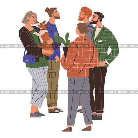 Waiting line, people queuing. Vector illustration. A group people waiting for new product launch camped overnight The queue men and women at polling station was inspiring SWaiting made conversation. Waiting line, people queuing. Men and women queuing for public restroom is common sight at events. Стоковая иллюстрация, агентство Ingram Publishing / Фотобанк Лори