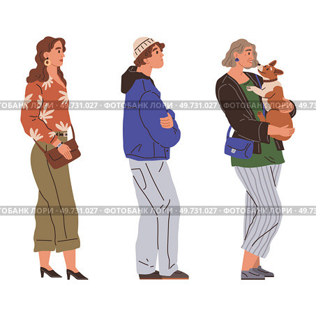 Waiting line, people queuing. Vector illustration. People waiting in line at airport seemed anxious Many people vote at election time to make their voices heard A group people waiting for train. Waiting line, people queuing. The person wait at post office was over hour long. Стоковая иллюстрация, агентство Ingram Publishing / Фотобанк Лори