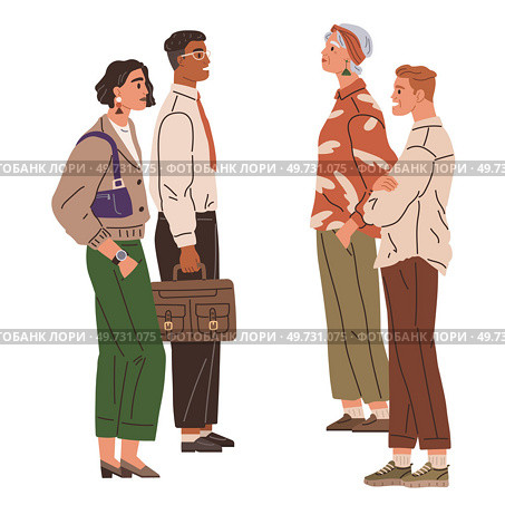 Waiting line, people queuing. Vector illustration. Standing in line csometimes lead to interesting conversations The person wait at DMV is notoriously long People make conversation. Waiting line, people queuing. The queue men and women was winding around corner. Стоковая иллюстрация, агентство Ingram Publishing / Фотобанк Лори