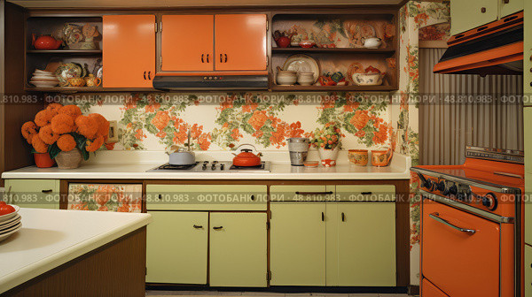 wallpaper dated kitchen ai generated. Стоковое AI-изображение, AI-художник Vectorwin / Фотобанк Лори