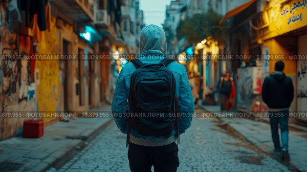 Wanderer's Path: Solitary exploration on cobblestone street in old city. Стоковое AI-изображение, AI-художник Данила Большаков / Фотобанк Лори