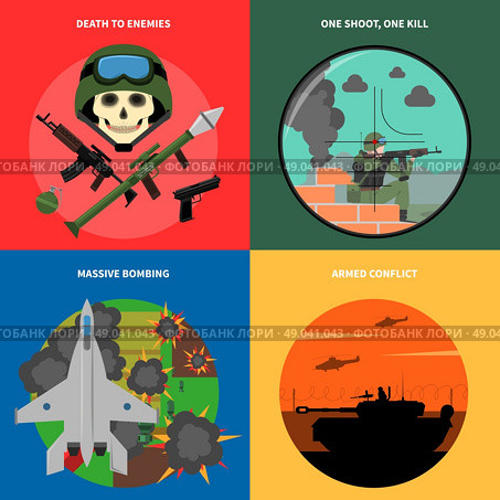 War Icons Set . War concept icons set with death to enemies massive bombing and armed conflict symbols flat isolated vector illustration . Стоковая иллюстрация, агентство Ingram Publishing / Фотобанк Лори