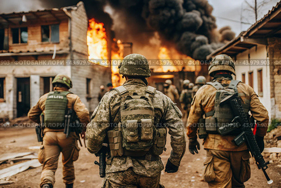 War. Military actions. Soldiers of the elite anti-terrorist unit of the army among the broken buildings. Clearing the territory from the enemy. Стоковое AI-изображение, AI-художник Photojuli / Фотобанк Лори