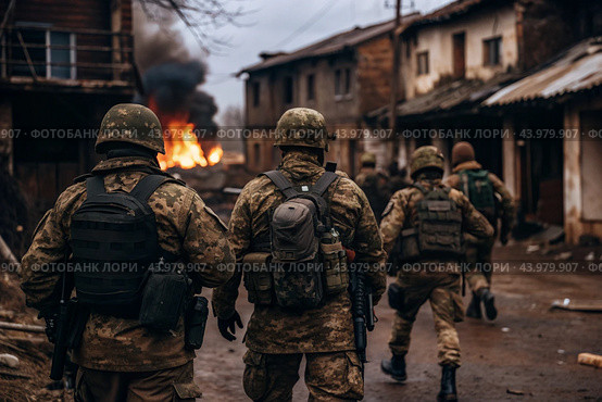 War. Military actions. Soldiers of the elite anti-terrorist unit of the army among the broken buildings. Clearing the territory from the enemy. Стоковое AI-изображение, AI-художник Photojuli / Фотобанк Лори
