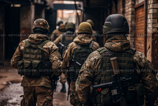 War. Military actions. Soldiers of the elite anti-terrorist unit of the army among the broken buildings. Clearing the territory from the enemy. Стоковое AI-изображение, AI-художник Photojuli / Фотобанк Лори