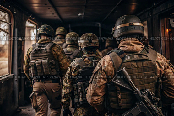 War. Military actions. Soldiers of the elite anti-terrorist unit of the army among the broken buildings. Clearing the territory from the enemy. Стоковое AI-изображение, AI-художник Photojuli / Фотобанк Лори