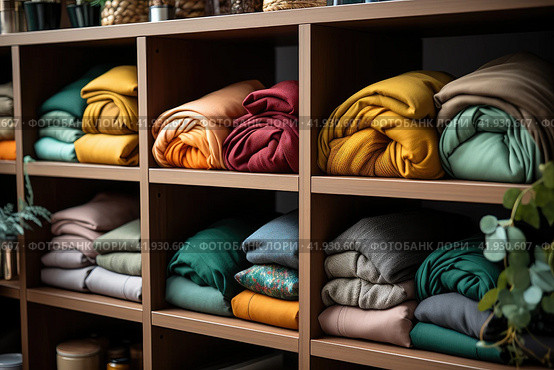 Wardrobe after decluttering and putting in order, storage system for clothes, folded on shelves and hanging on racks. Стоковое AI-изображение, AI-художник Ирина Михайличенко / Фотобанк Лори