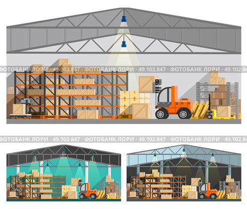 Warehouse And Storage Compositions Set . Warehouse and storage orthogonal compositions set with roof and lamps flat isolated vector illustration . Стоковая иллюстрация, агентство Ingram Publishing / Фотобанк Лори
