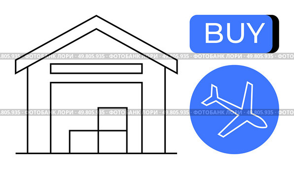 Warehouse with boxes, airplane symbol in blue circle, and buy button. Ideal for e-commerce, shipping, logistics, online shopping, global trade, inventory management, supply chain. Line metaphor. Warehouse with Boxes, Airplane Icon, and Buy Button Representing E-commerce and Shipping. Стоковая иллюстрация, агентство Ingram Publishing / Фотобанк Лори