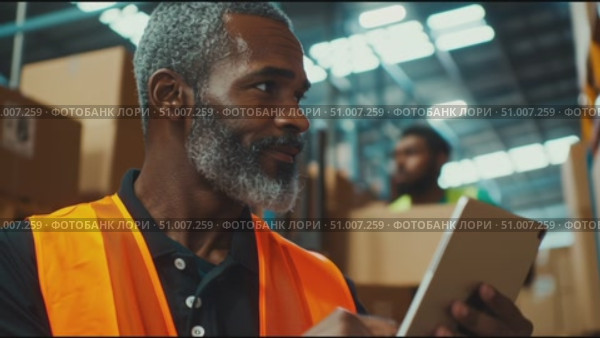 Warehouse worker inspects supplies and ensures safety protocols in bustling distribution center. Стоковое AI-видео, аниматор Сергей Толмачёв / Фотобанк Лори