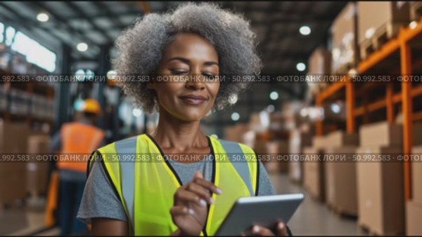 Warehouse worker reviews inventory using tablet in modern facility during day shift. Стоковое AI-видео, аниматор Сергей Толмачёв / Фотобанк Лори