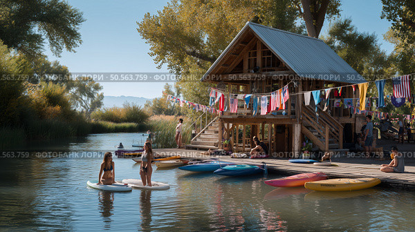 Warm afternoon at a riverside cabin with people enjoying paddleboarding and kayak activities. Стоковое AI-изображение, AI-художник Сергей Толмачёв / Фотобанк Лори