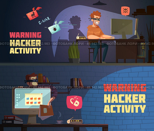 Warning Hacker Activity 2 Horizontal Banners . Warning hacker activity 2 retro cartoon horizontal banners with criminal breaking computer security passwords isolated vector illustration. Стоковая иллюстрация, агентство Ingram Publishing / Фотобанк Лори