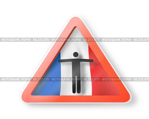 Warning sign with black man’s figure on the French flag on a white background, copy space. Restriction of entry into France. Quarantine concept. 3D illustration. Warning sign with man’s figure on the French flag. Стоковое фото, агентство Ingram Publishing / Фотобанк Лори