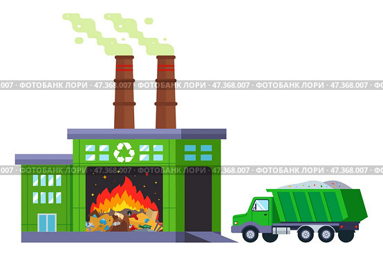 Waste incineration plant. truck delivers unsorted garbage for recycling. Стоковая иллюстрация, иллюстратор Вячеслав Беспутин / Фотобанк Лори