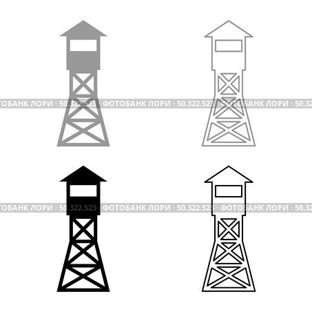 Watching tower Overview forest ranger fire site set icon grey black color vector illustration flat style simple image. Watching tower Overview forest ranger fire site set icon grey black color vector illustration flat style image. Стоковая иллюстрация, агентство Ingram Publishing / Фотобанк Лори