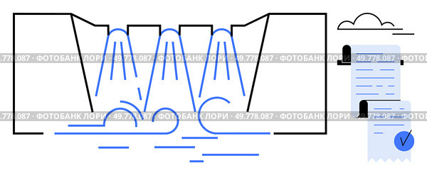 Water dam flow with legal document symbolizes energy agreements and environmental contracts. Ideal for technology, renewable energy, environmental conservation, water management, legal agreements. Water Dam Structure with Flowing Water and Legal Document on Side Highlighting Contractual Theme. Стоковая иллюстрация, агентство Ingram Publishing / Фотобанк Лори