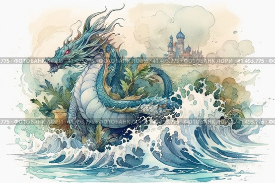 Water dragon splashes in the water against the backdrop of the sea and mountains, illustration, watercolor style, Generative AI. Стоковое AI-изображение, AI-художник Анна Кривицкая / Фотобанк Лори